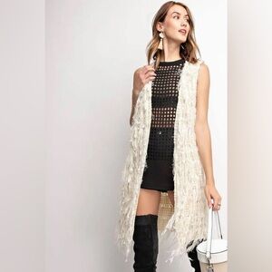 Cream Textured/Fringe Long Vest